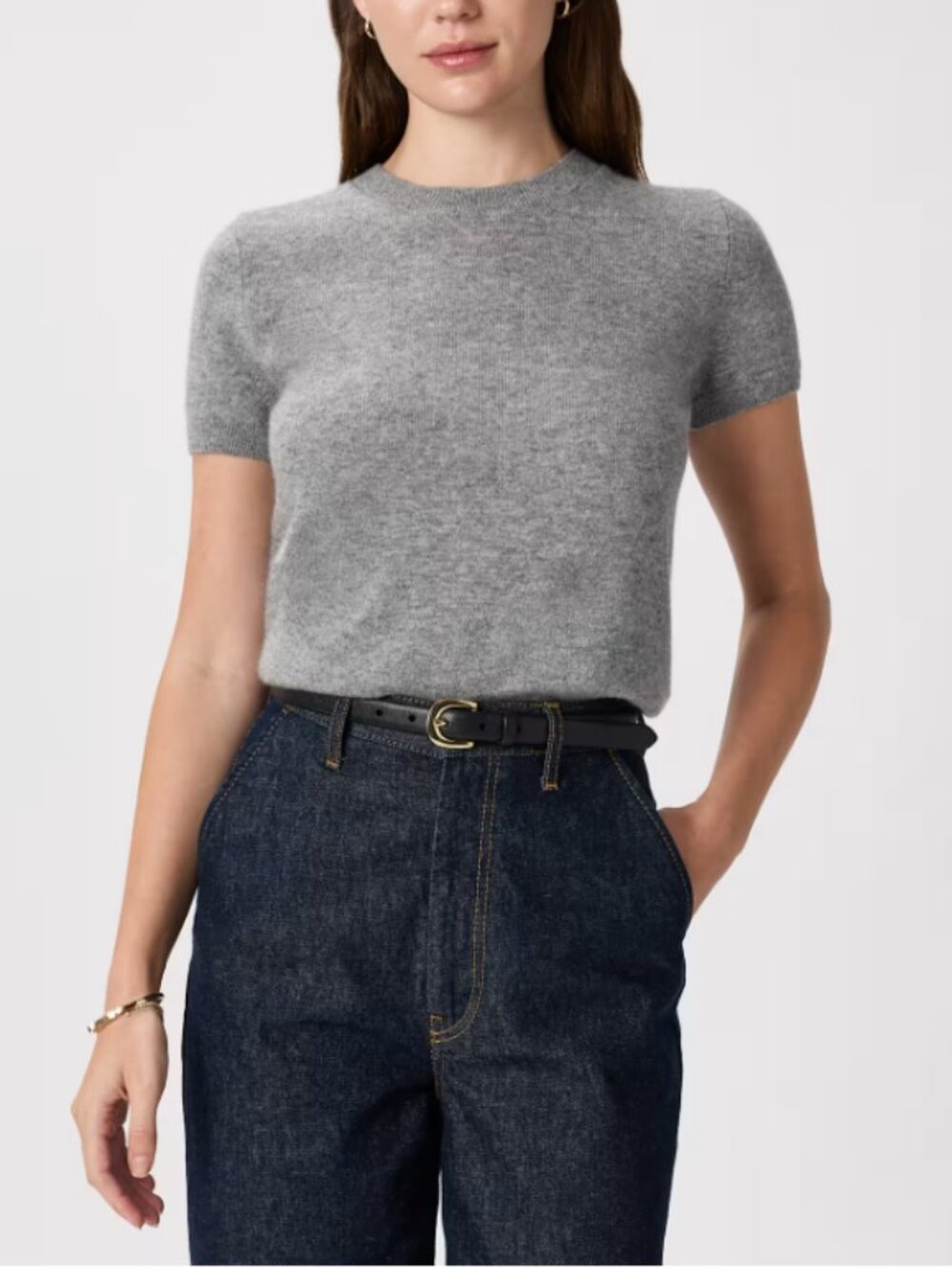 Quince Mongolian Cashmere Tee Sweater Heather Grey Short Sleeve Size Large